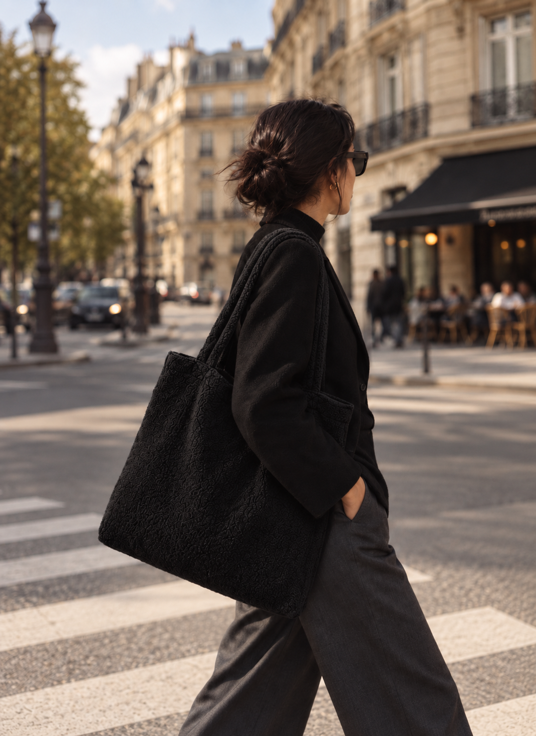 Mom Bag Teddy Bouclé –schwarz *black* großer Shopper mit Innenfächer Damen | ANNIWAY