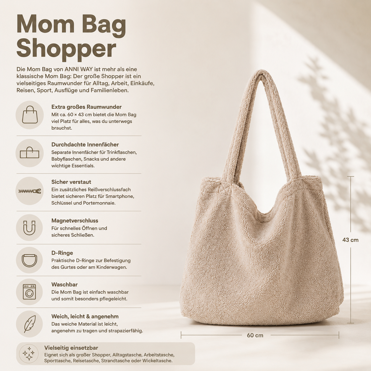 Mom Bag Cord grau Damen – großer Shopper mit Innenfächern | ANNIWAY